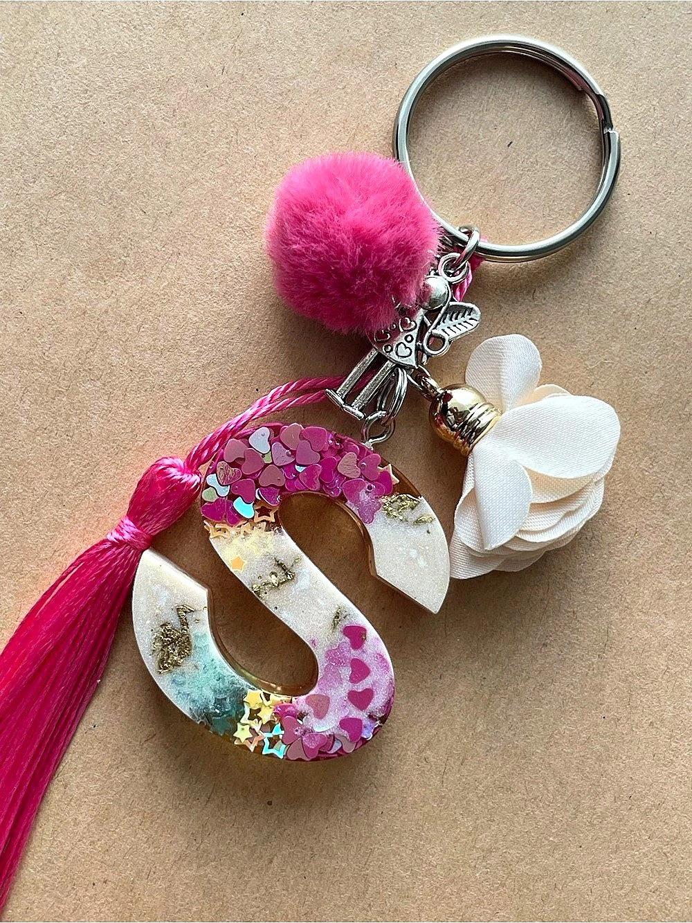 Resin Initial Keychain in Pink & White